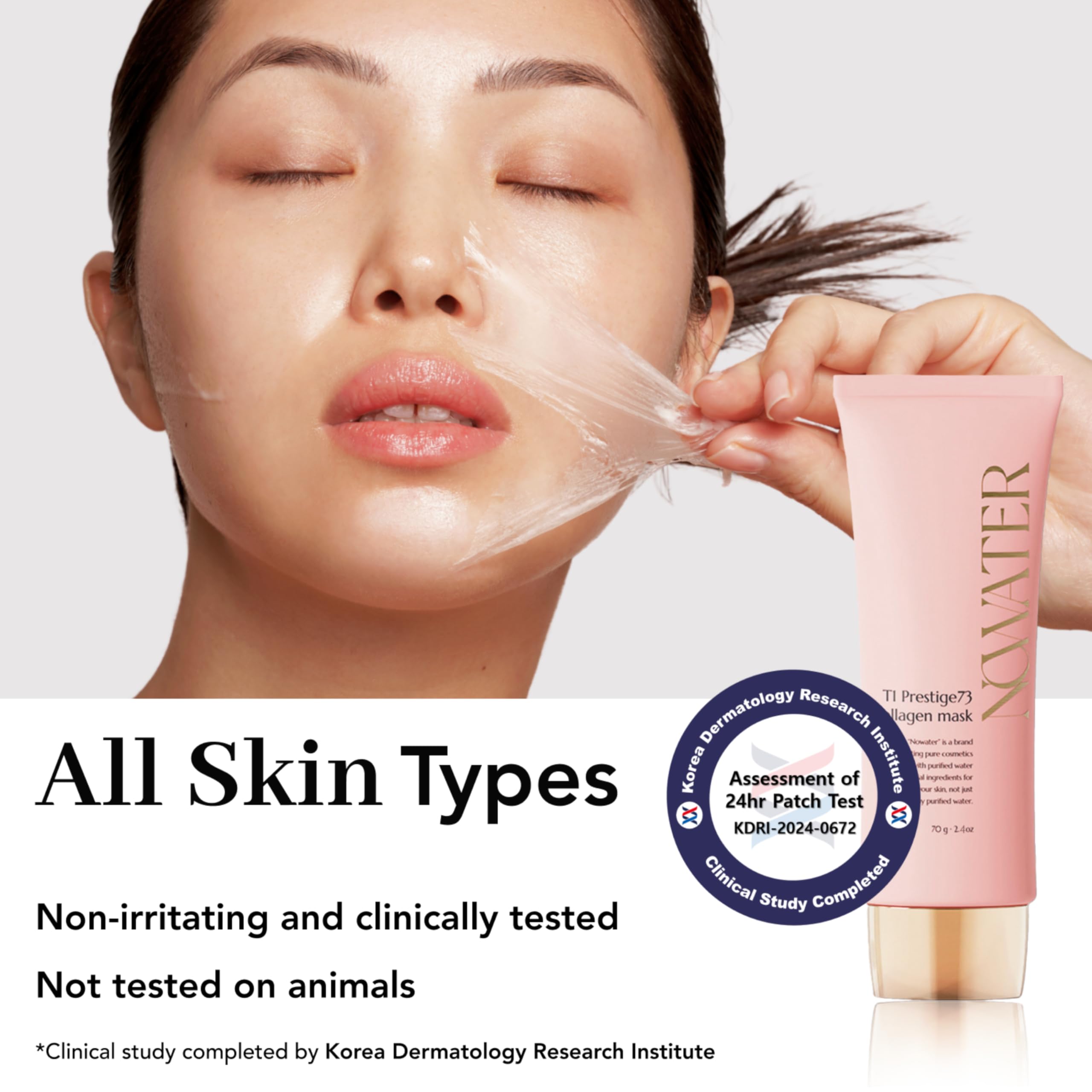 NOWATER Collagen Wrapping Mask wet hydration scene conveys lasting moisture sealing.