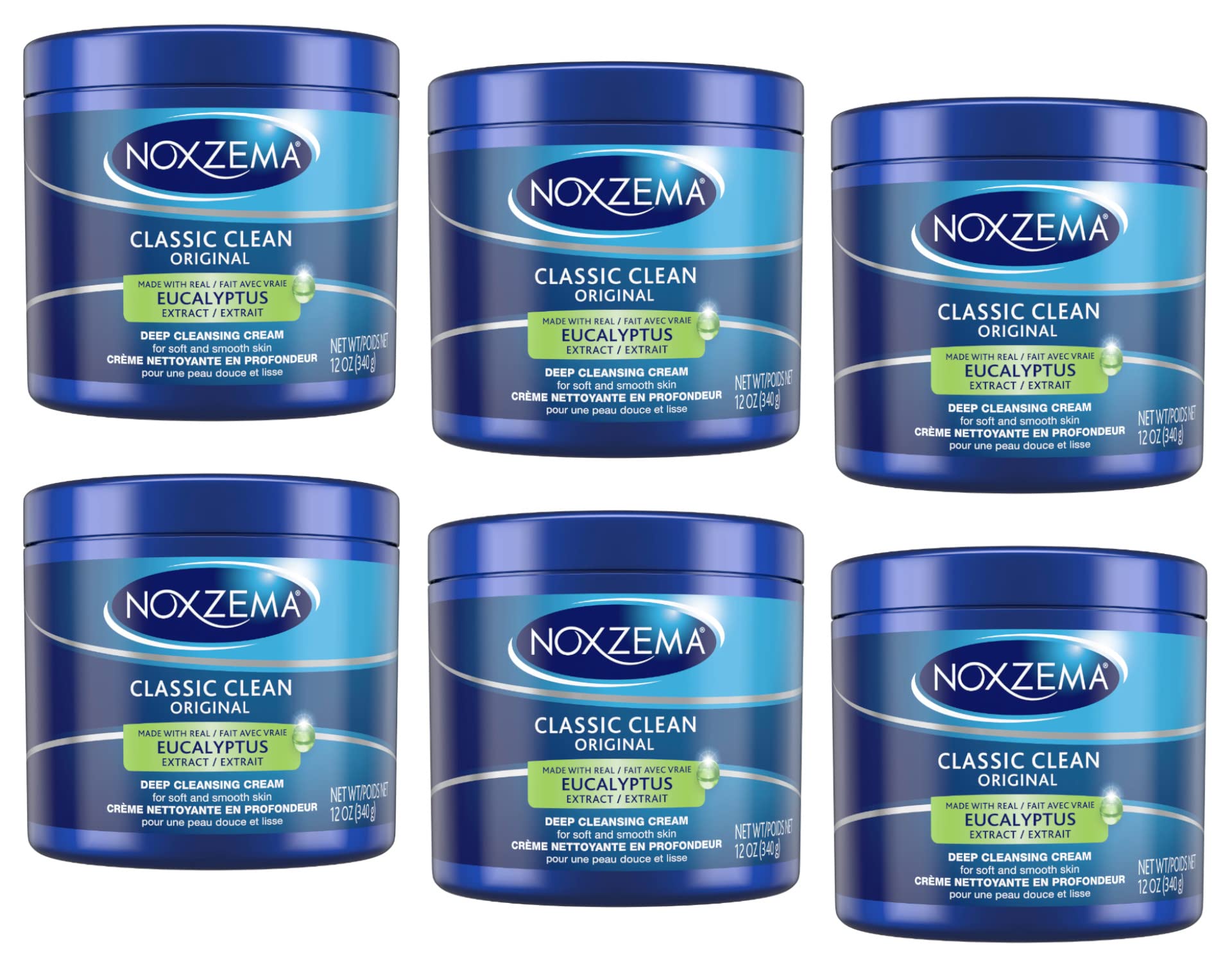Noxzema Classic Clean Original jar six-pack showing value bundle for daily cleansing.