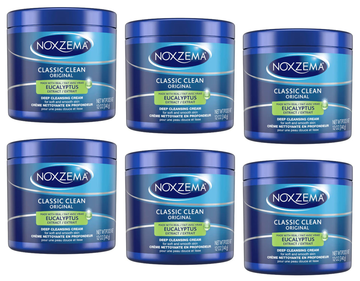 Noxzema Classic Clean Original jar six-pack showing value bundle for daily cleansing.