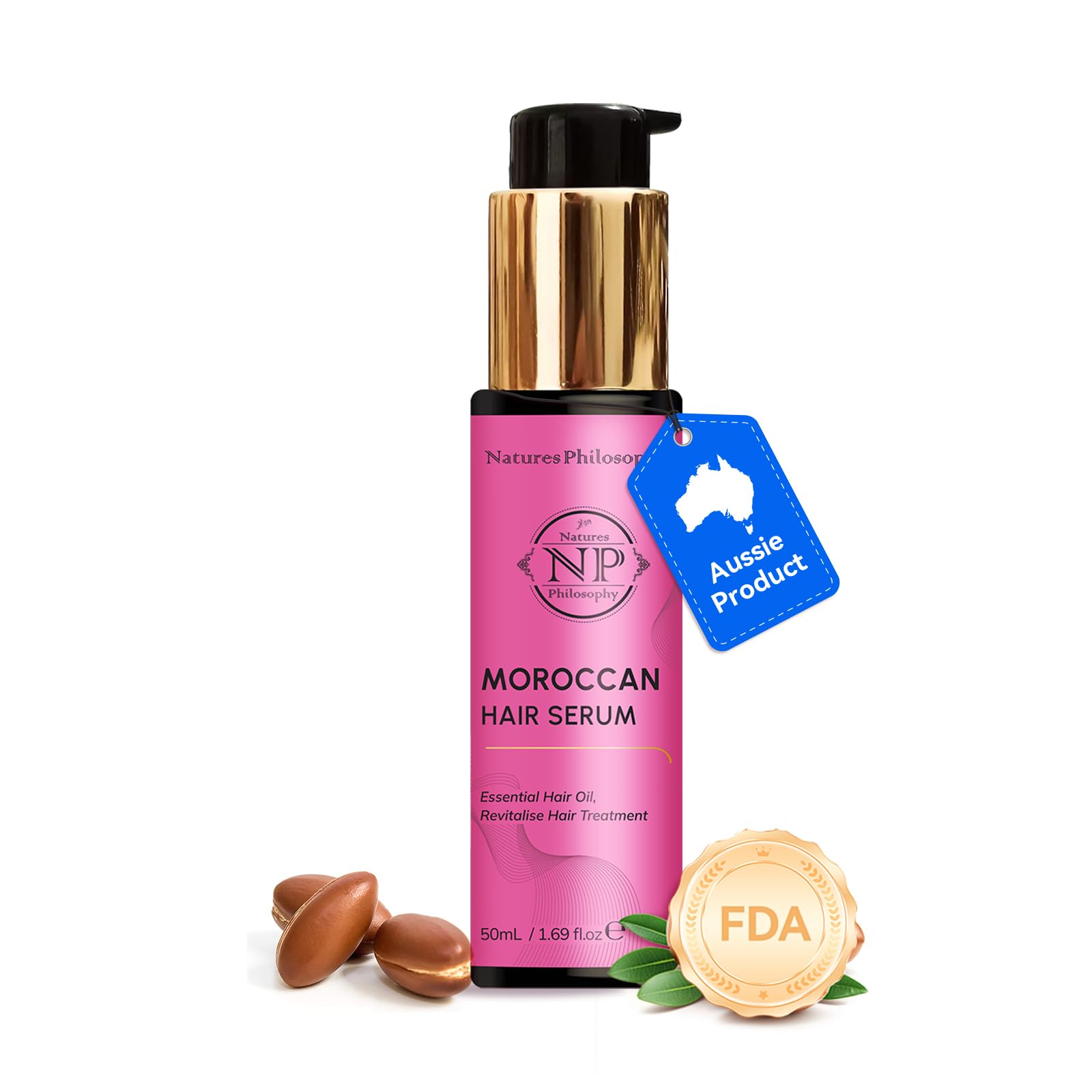 NP NATURES PHILOSOPHY Moroccan Argan Oil bottle for nourishing shine.