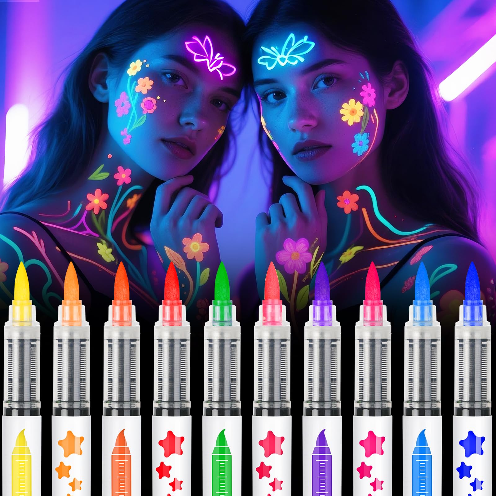 nsxsu glow face paint markers in a 10-color palette for UV glow shimmer.