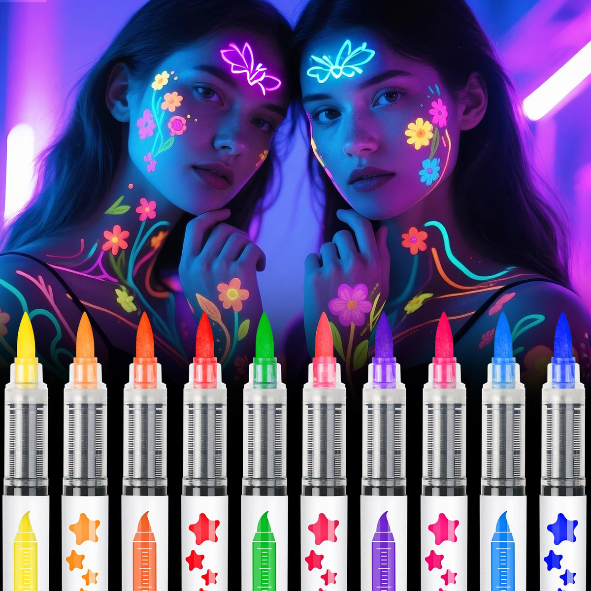 nsxsu glow face paint markers in a 10-color palette for UV glow shimmer.