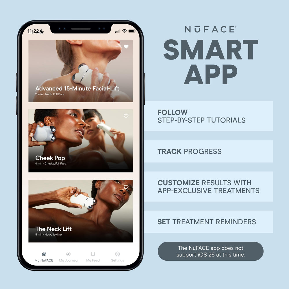 NuFACE MINI+ app guide shows step-by-step tutorials and progress tracking