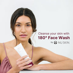 Nu Skin 180° Face Wash usage image shows daily cleansing routine benefits