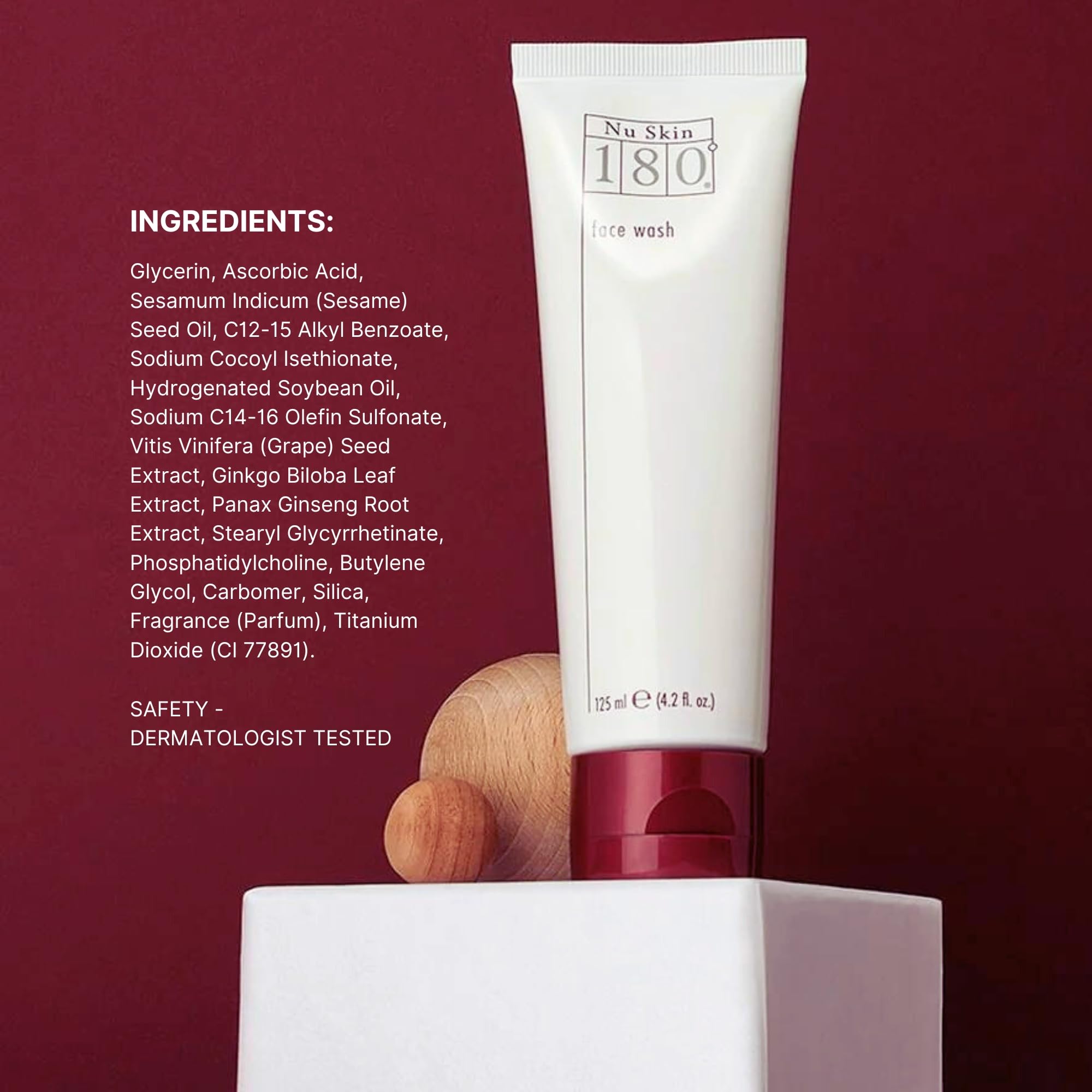 Nu Skin 180° Face Wash packaging box communicates vitamin C aging cleanser benefits