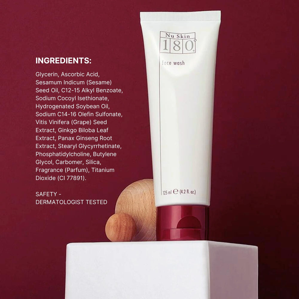 Nu Skin 180° Face Wash packaging box communicates vitamin C aging cleanser benefits