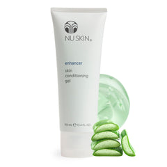 Nu Skin Enhancer Gel bottle close-up showing aloe soothing hydration.