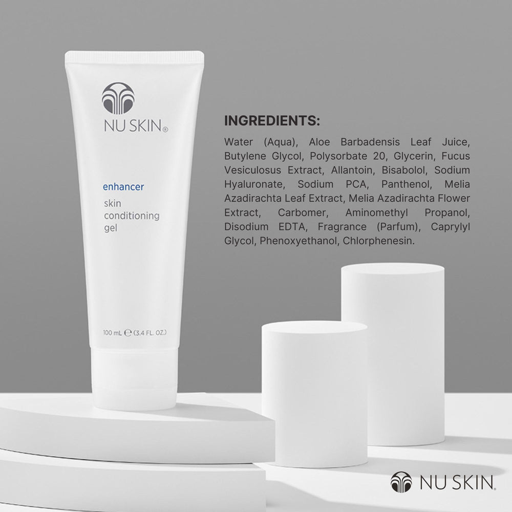 Nu Skin Enhancer Gel morning routine setup with skincare products.
