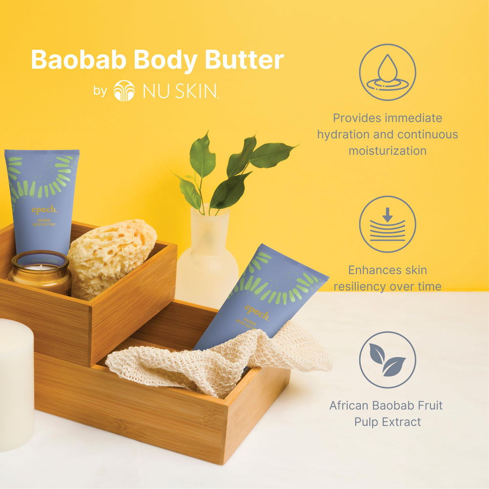 Nu Skin Epoch Baobab Body Butter with baobab extract promotes resilient-looking skin.