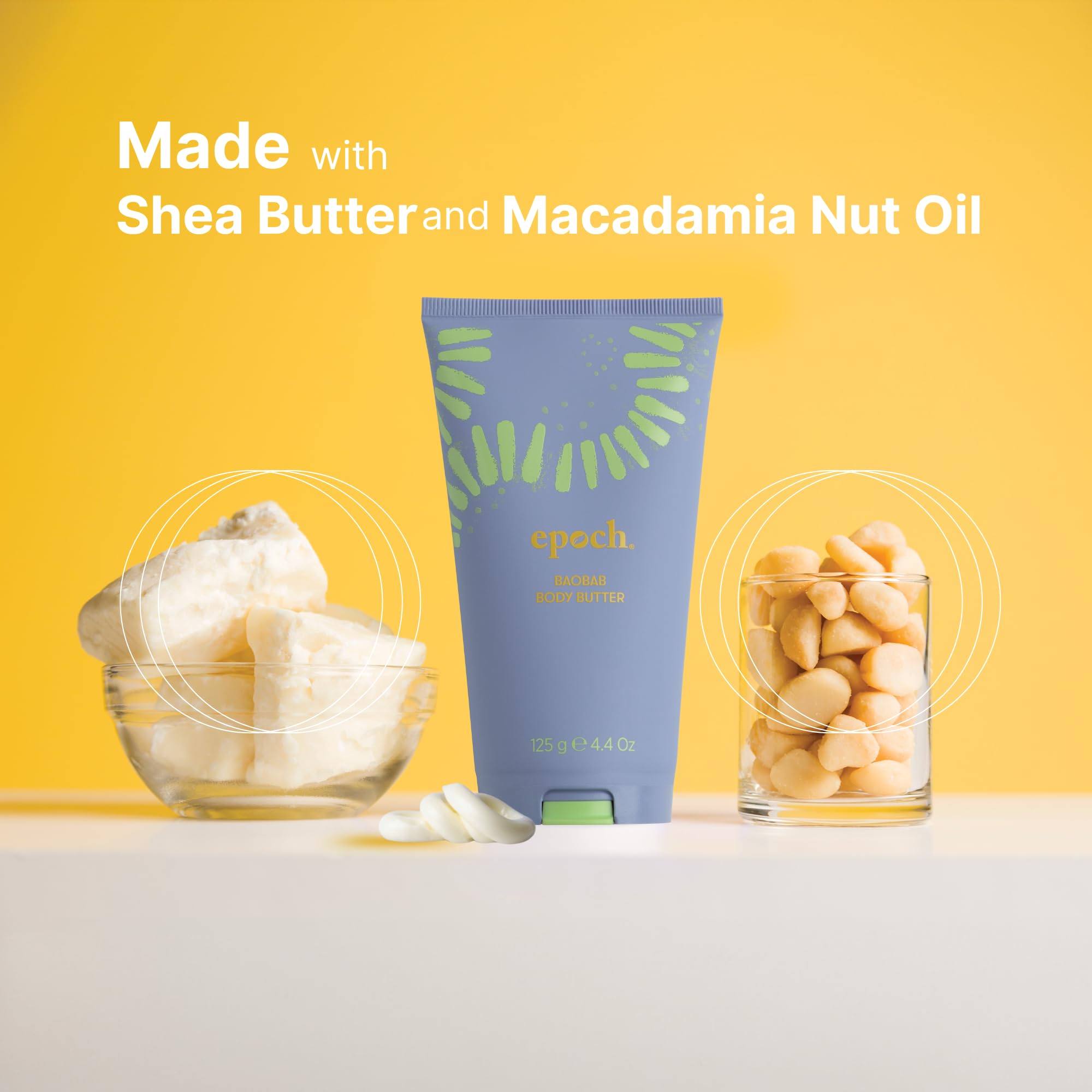 Nu Skin Epoch Baobab Body Butter texture being smoothed onto skin for hydration.