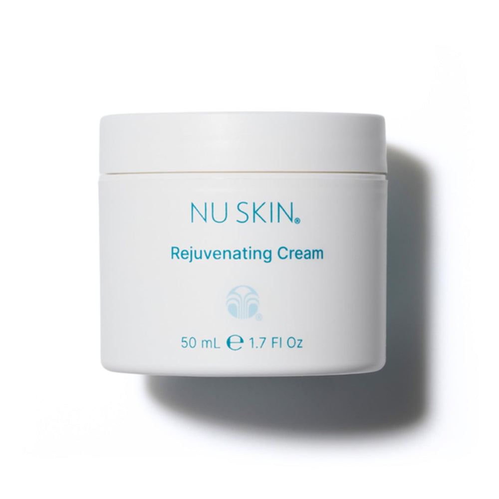 Nu Skin Rejuvenating Cream bottle shows moisture-binding technology for dry skin support.