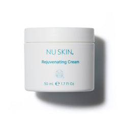 Nu Skin Rejuvenating Cream bottle shows moisture-binding technology for dry skin support.