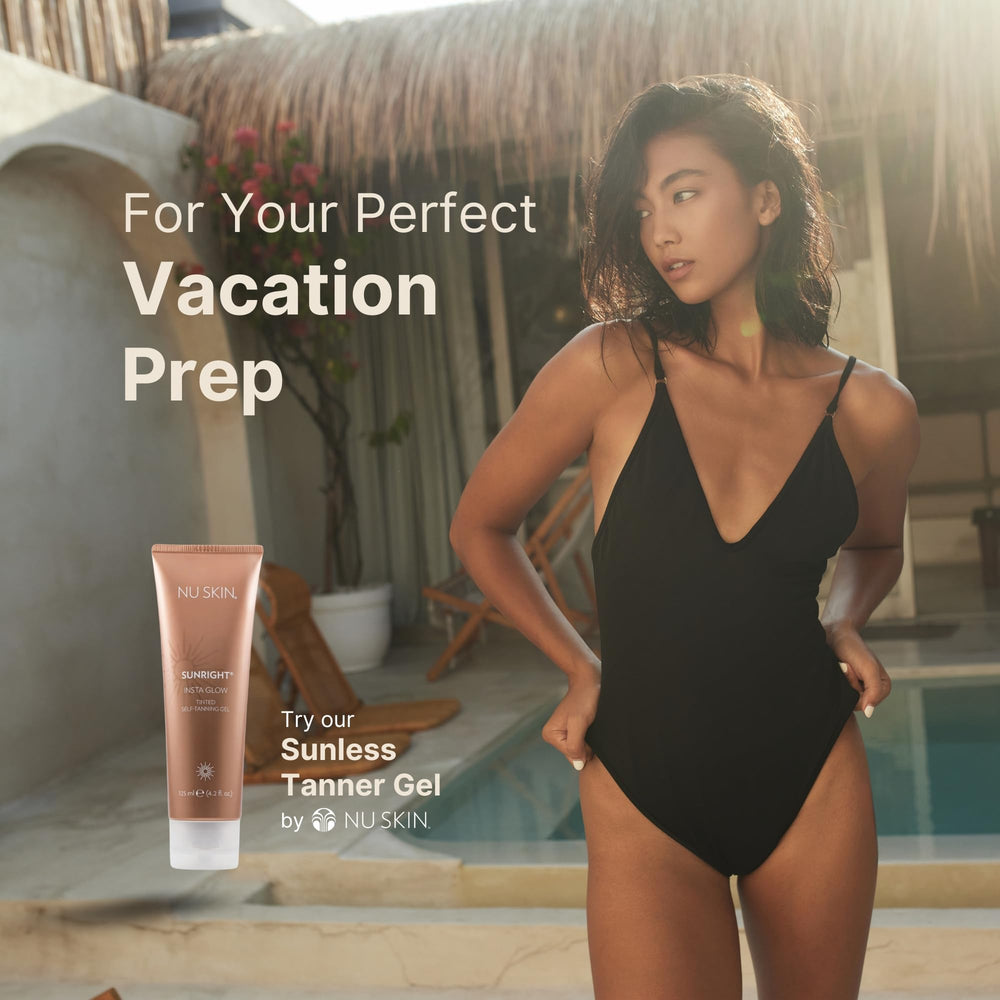 Nu Skin Sunright Insta Glow Self Tanner Gel packaging close-up for premium feel.