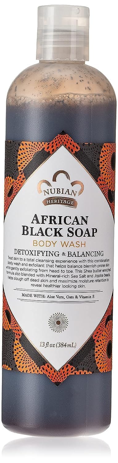 Nubian Heritage African Black Soap Body Wash bottle highlights organic cleanse for balanced skin.
