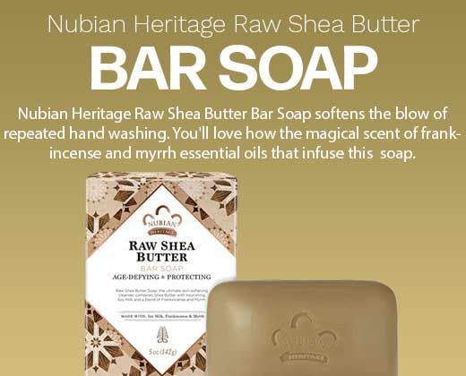 Nubian Heritage bar soap packaging display showing six bars for home use