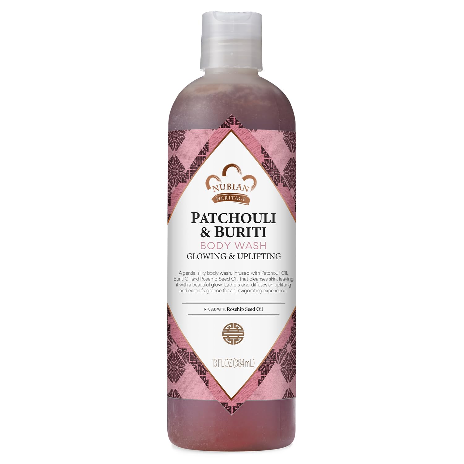 Nubian Heritage Patchouli & Buriti body wash bottle delivering a nourishing cleanse.