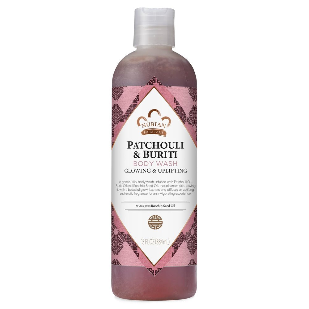 Nubian Heritage Patchouli & Buriti body wash bottle delivering a nourishing cleanse.