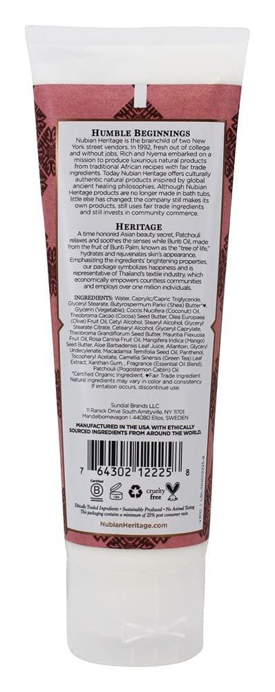 Nubian Heritage Patchouli Buriti Hand Cream packaging highlights natural ingredients