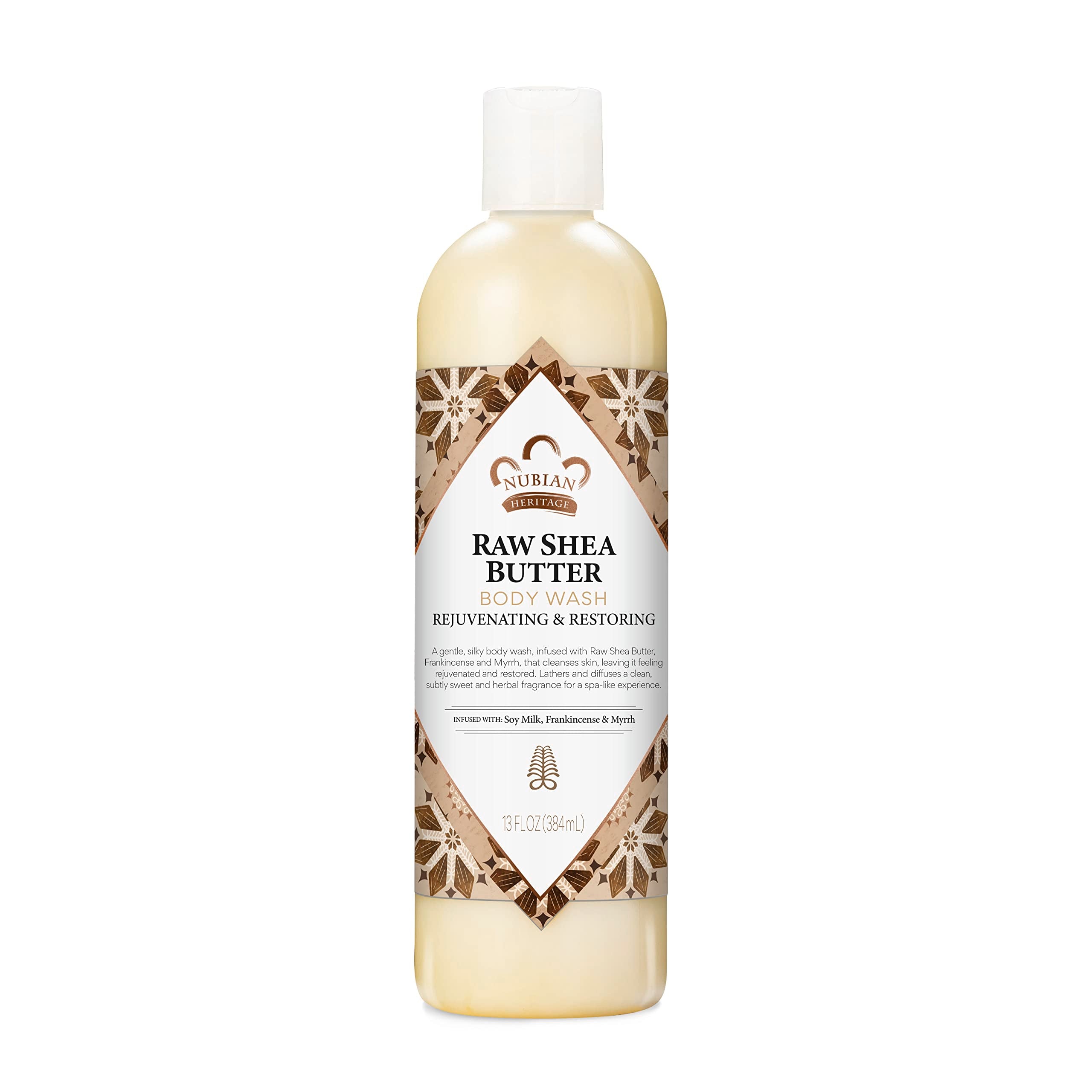 Nubian Heritage Raw Shea Butter Body Wash bottle highlights ultra-moisturizing formula for dry skin