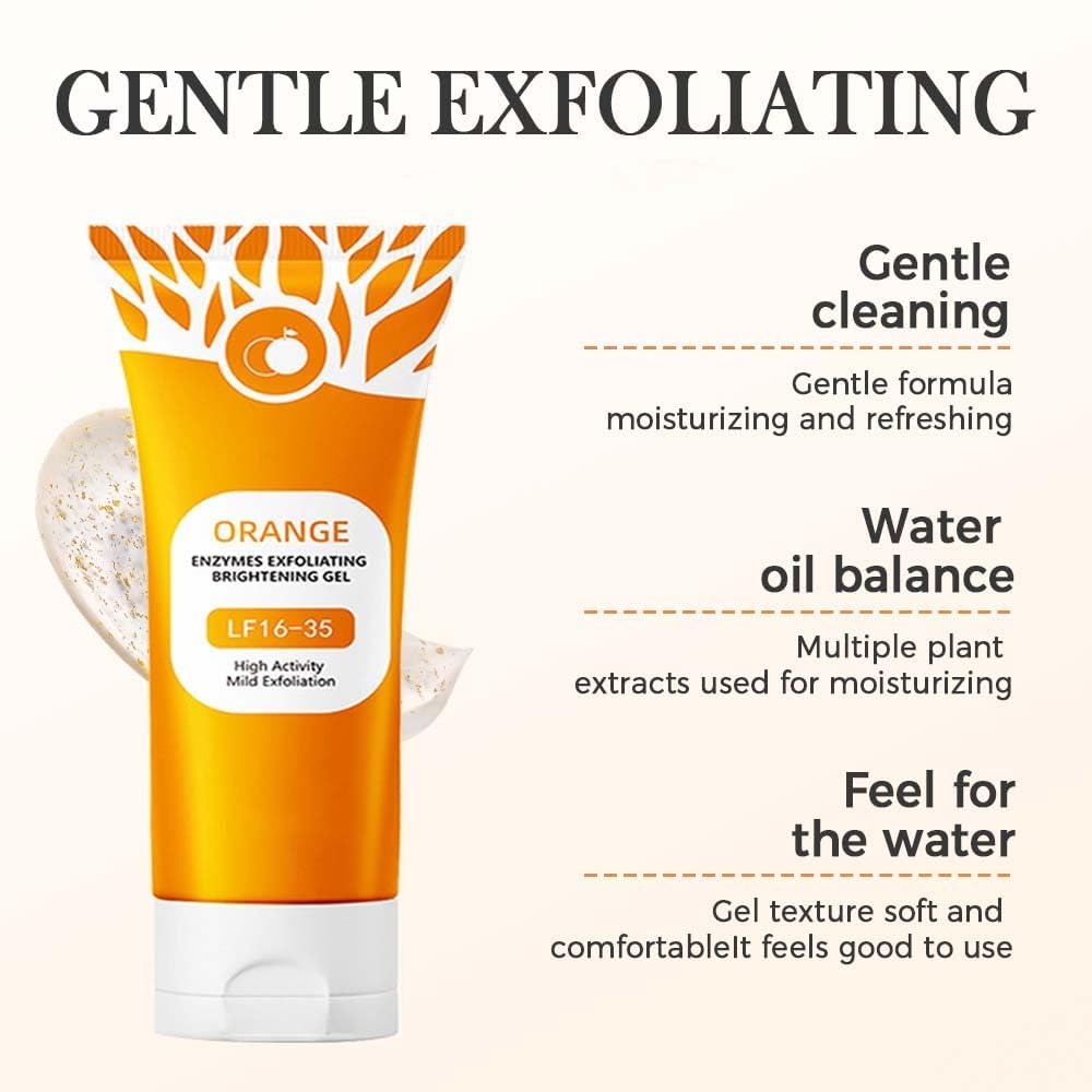 Nuckhuce orange exfoliating gel close up with enzymes highlights brightening exfoliation.