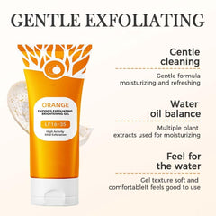 Nuckhuce orange exfoliating gel close up with enzymes highlights brightening exfoliation.