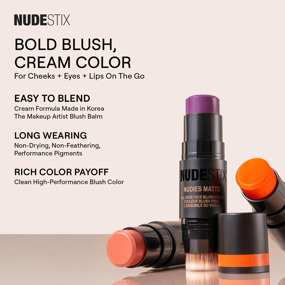 Nudestix Nudies Blush Stick Naughty N' Spice on lips swatch for rosy tint