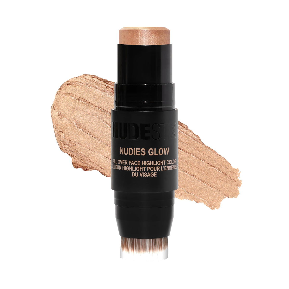 Nudestix Nudies Glow Highlighter Stick in Bubbly Bebe on recyclable tin for radiant glow