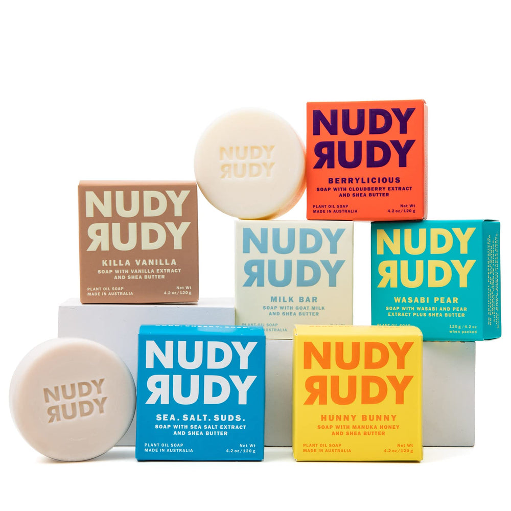Nudy Rudy Variety Pack soap bars displayed for gifting and scent exploration