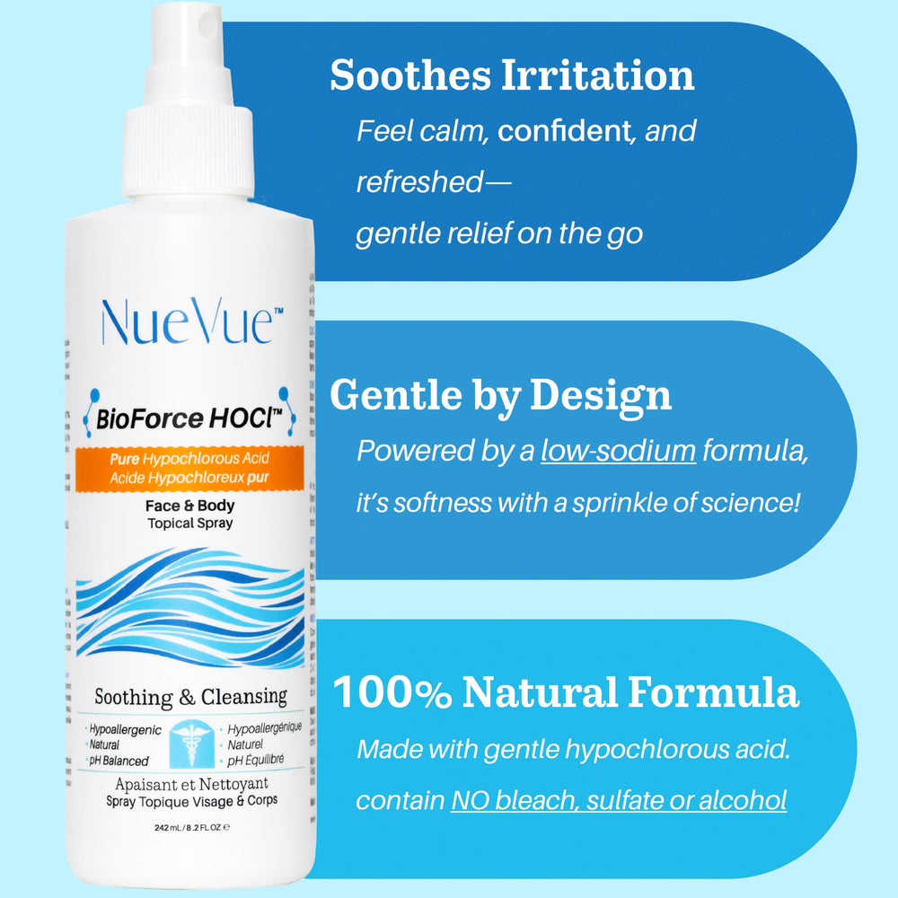 NueVue BioForce HOCl 360° mist on the face provides quick refreshing coverage.