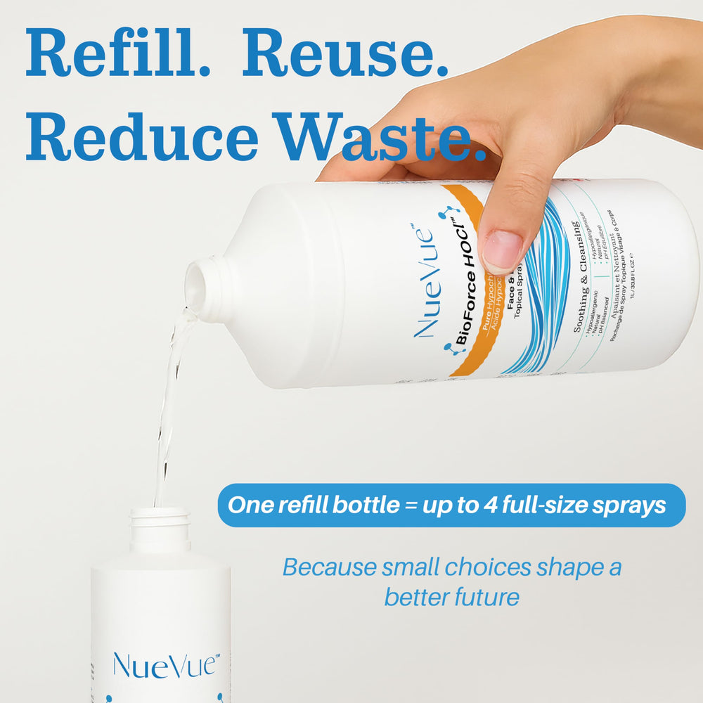 NueVue BioForce HOCl face care application with light spritz for gentle refresh