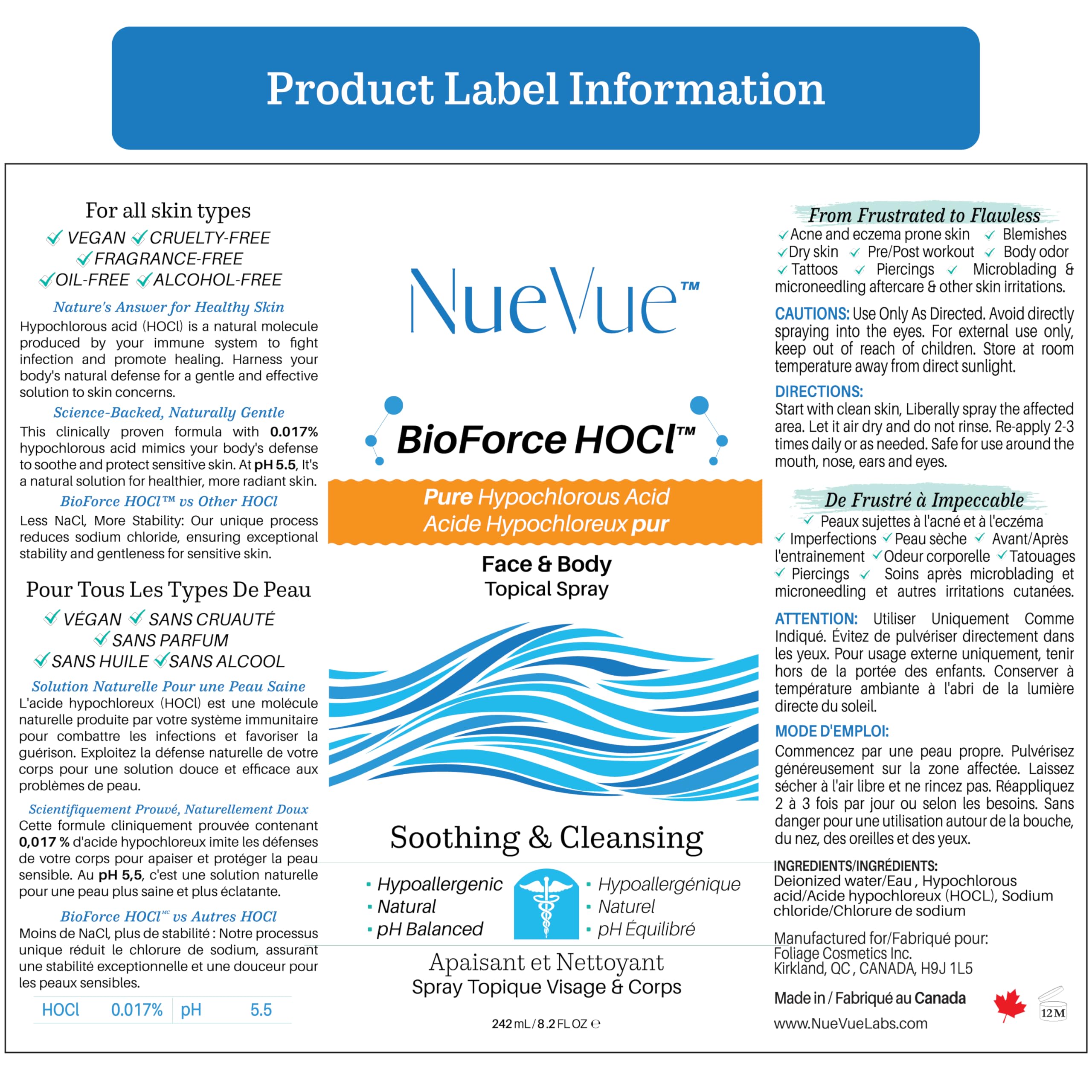 NueVue BioForce HOCl packaging, made in Canada, shown on shelf.