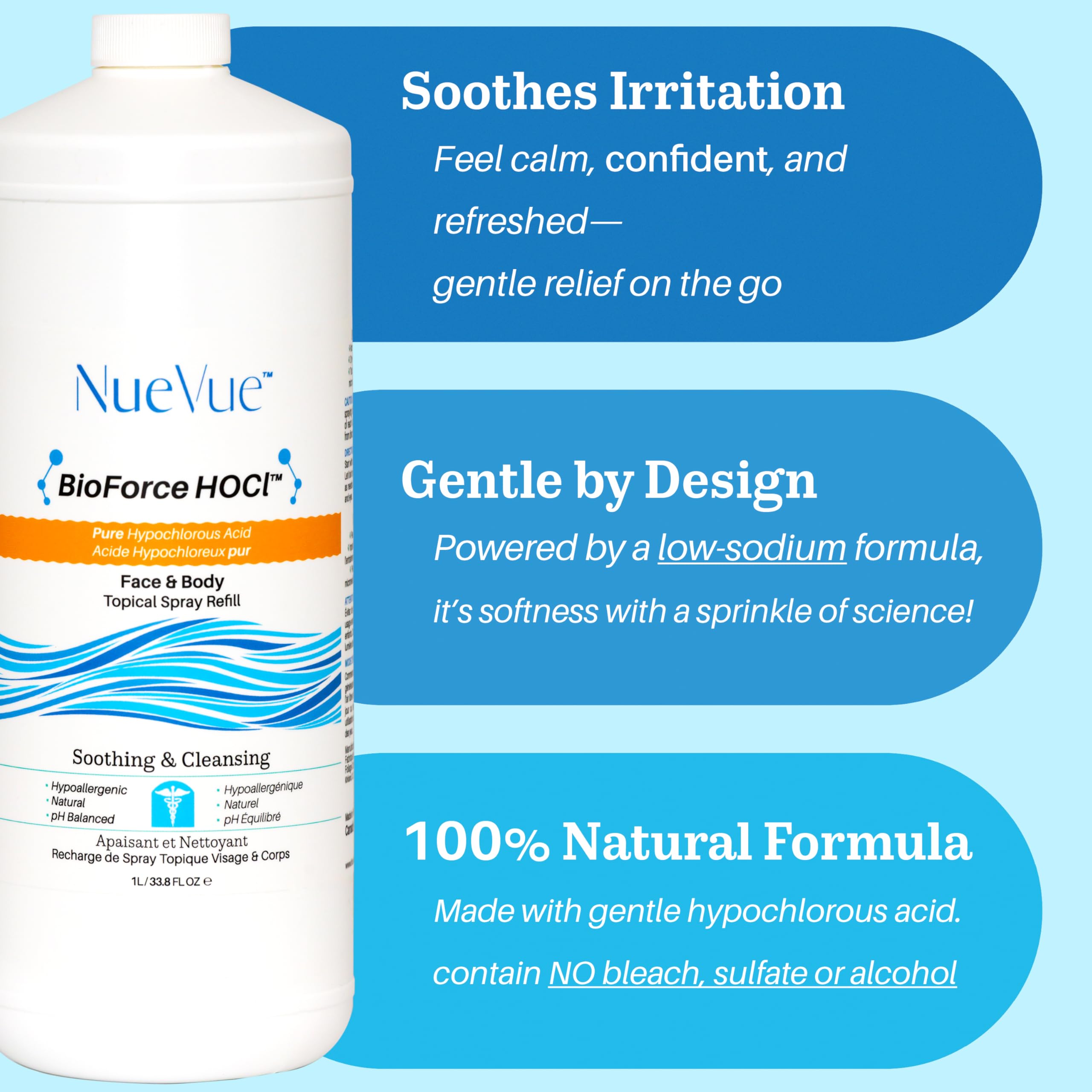 NueVue BioForce HOCl spray closeup highlighting pure, gentle mist
