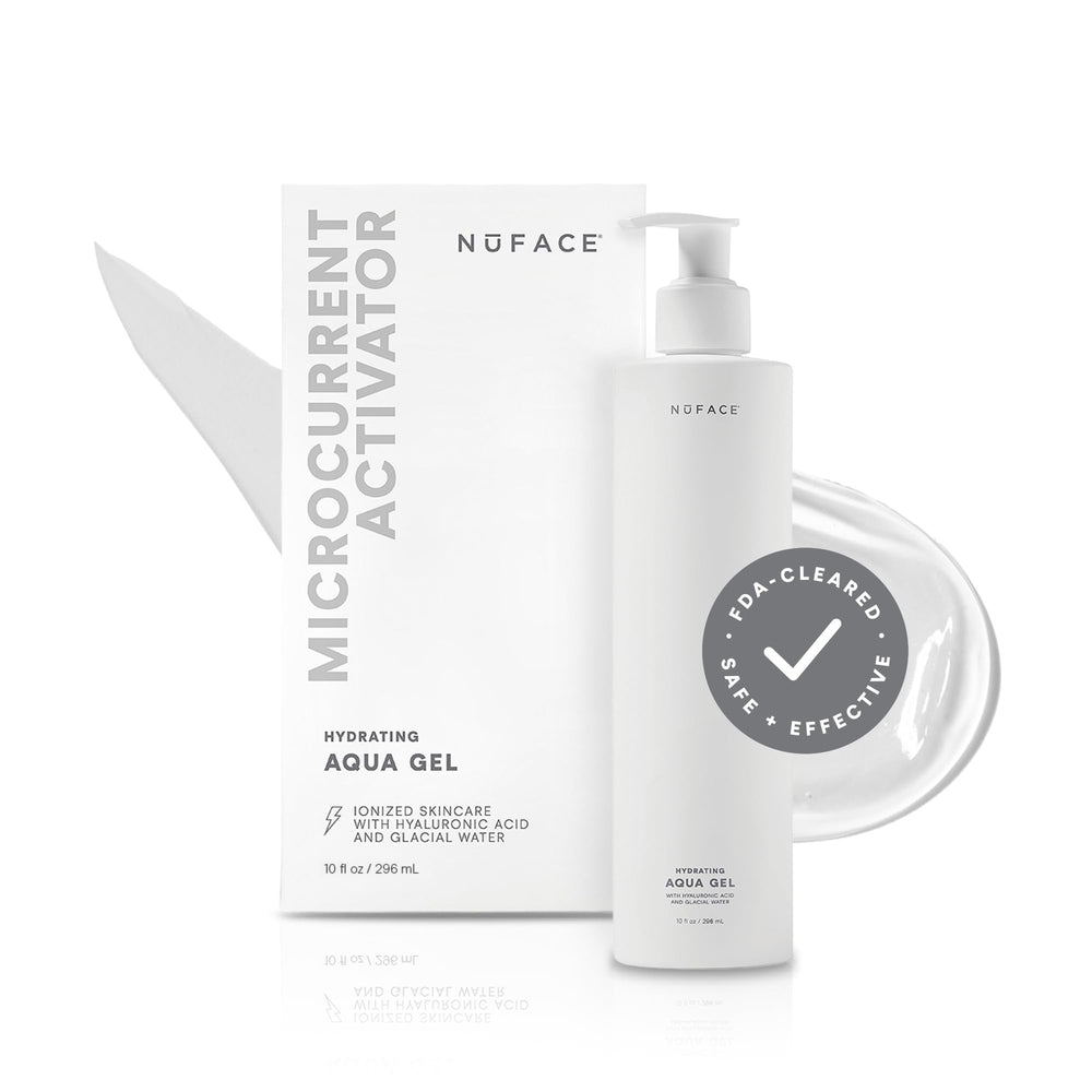 NuFACE Aqua Gel Activator bottle pour for convenient ready-to-use hydration and conductivity.