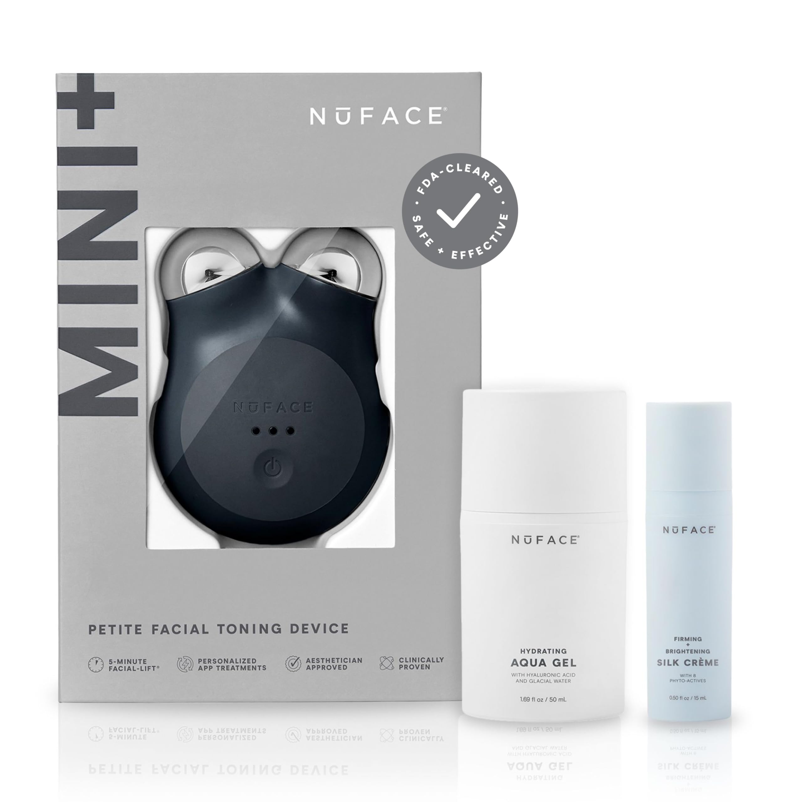 NuFACE MINI+ device for at-home face sculpting and skin tightening, portable on the go.