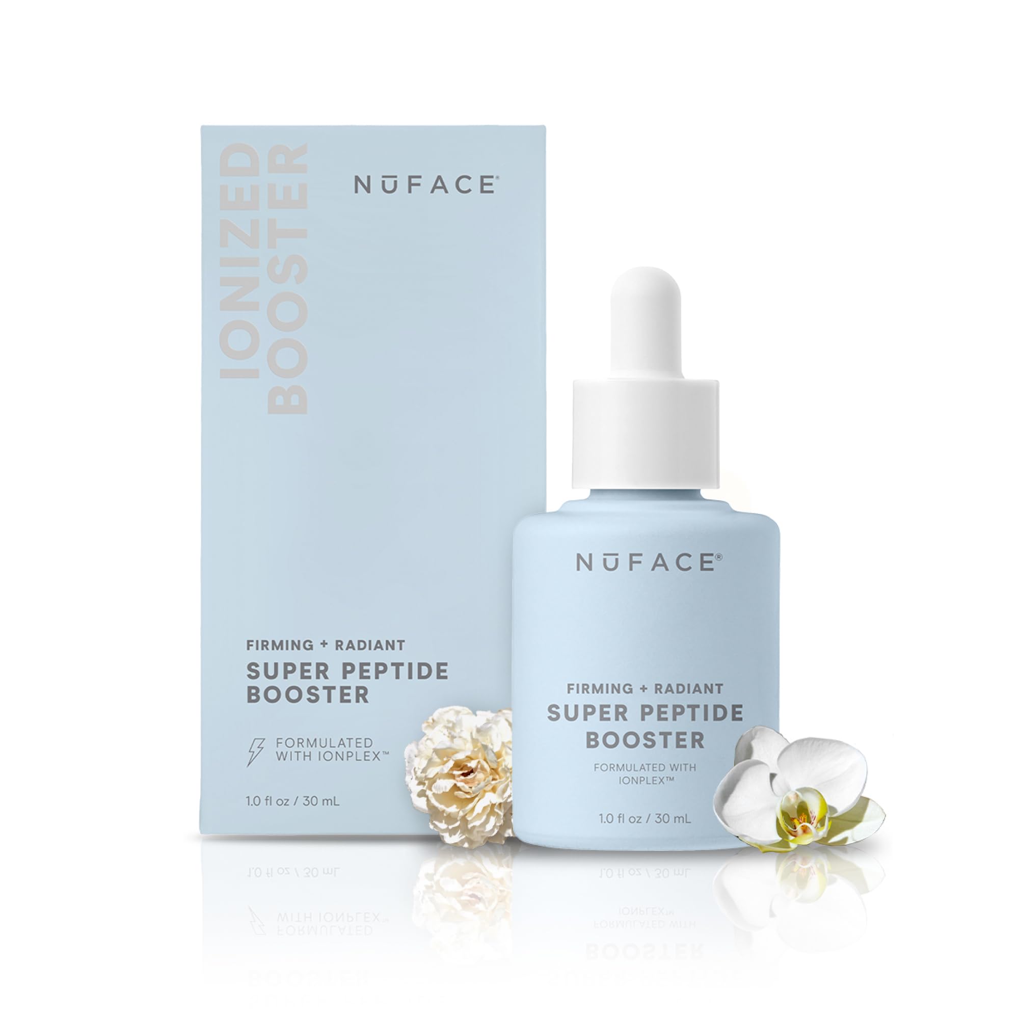 NuFACE Super Peptide Booster serum bottle, showcasing sleek packaging for hydration and firming potential.