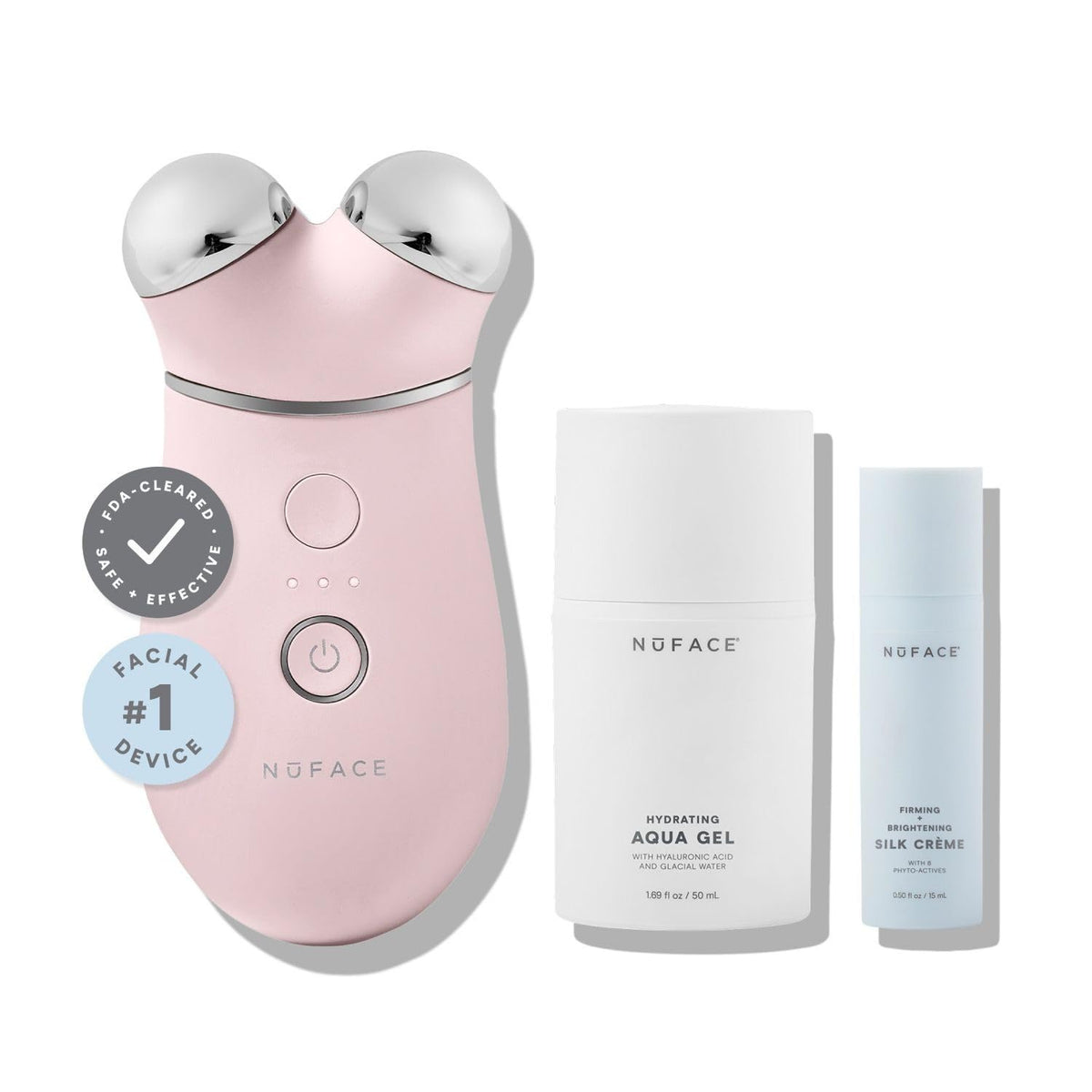 NuFACE Trinity+ device showing face and neck contouring capabilities
