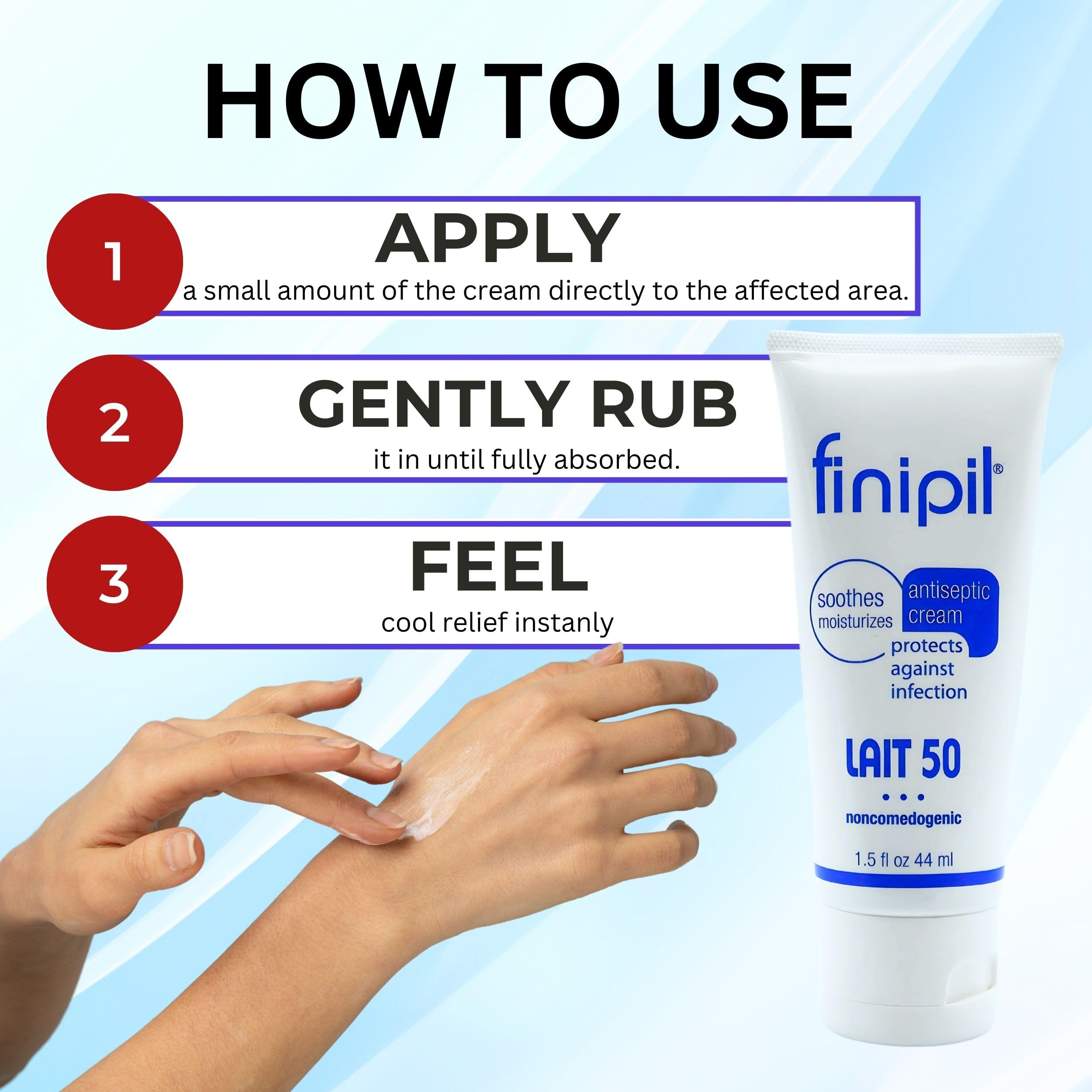 Nufree Finipil Lait 50 application shot suggests quick cooling and swelling reduction.