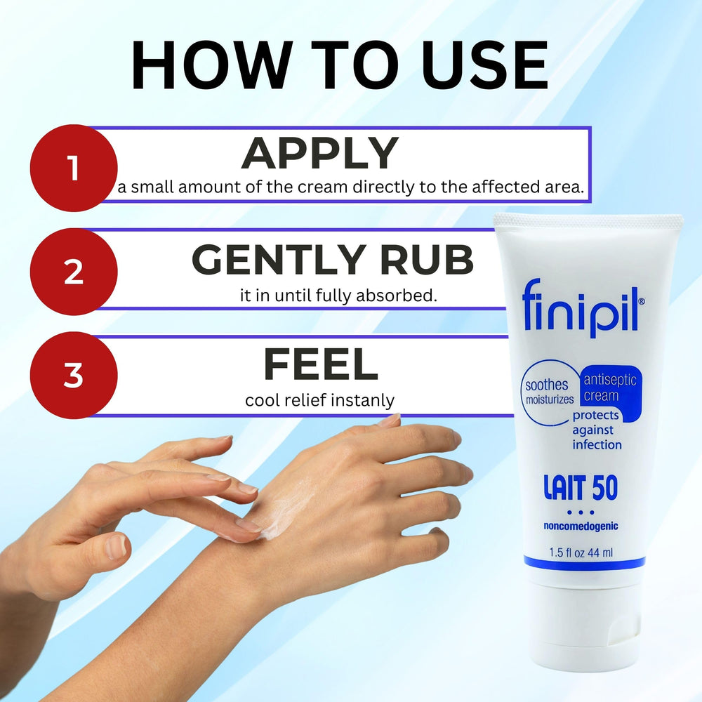 Nufree Finipil Lait 50 application shot suggests quick cooling and swelling reduction.