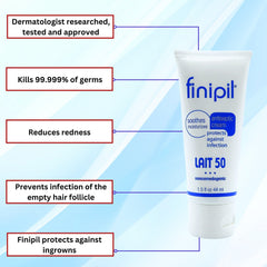 Nufree Finipil Lait 50 tube closeup highlighting soothing aftercare after waxing.