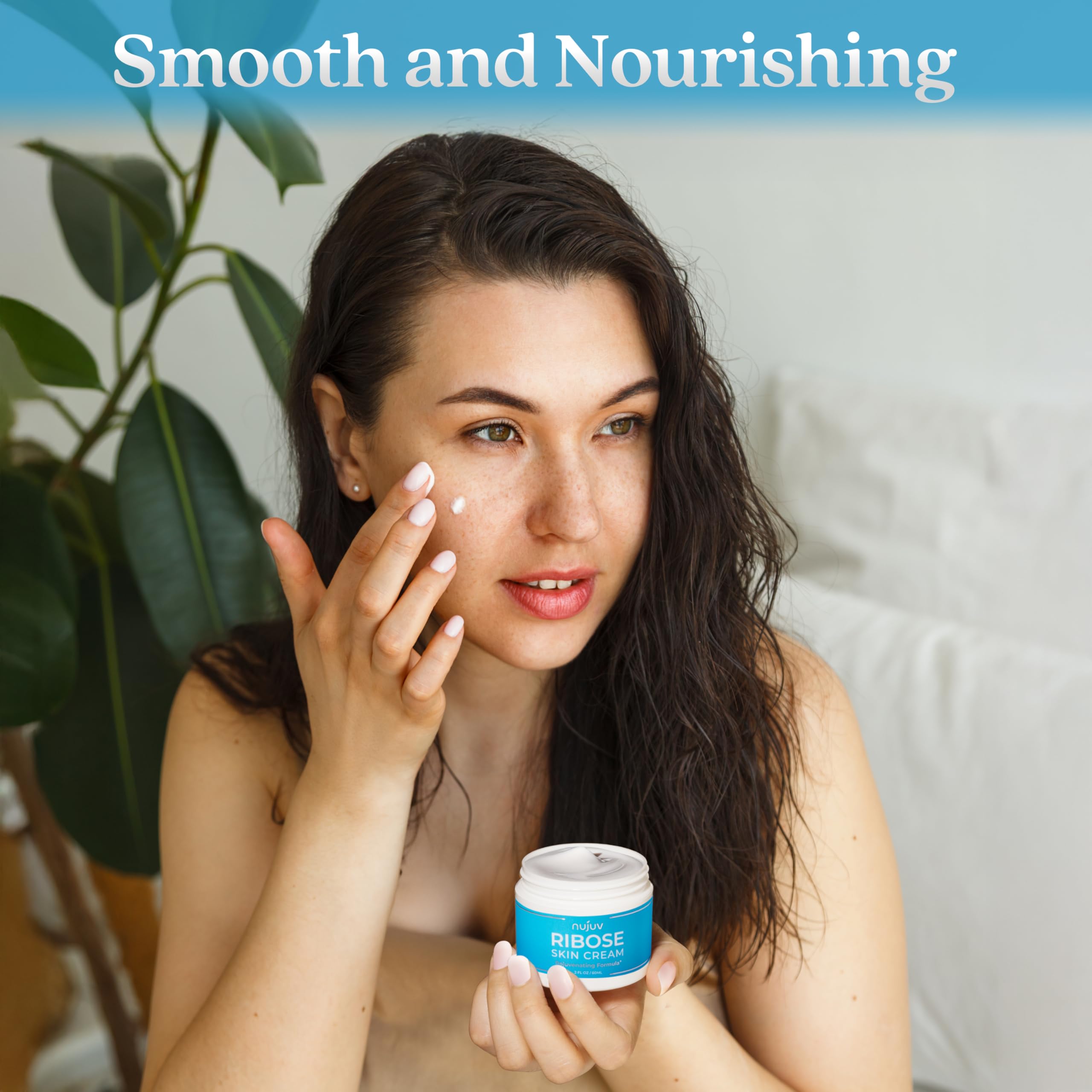 nujuv Ribose cream on face during morning routine for daily moisturization