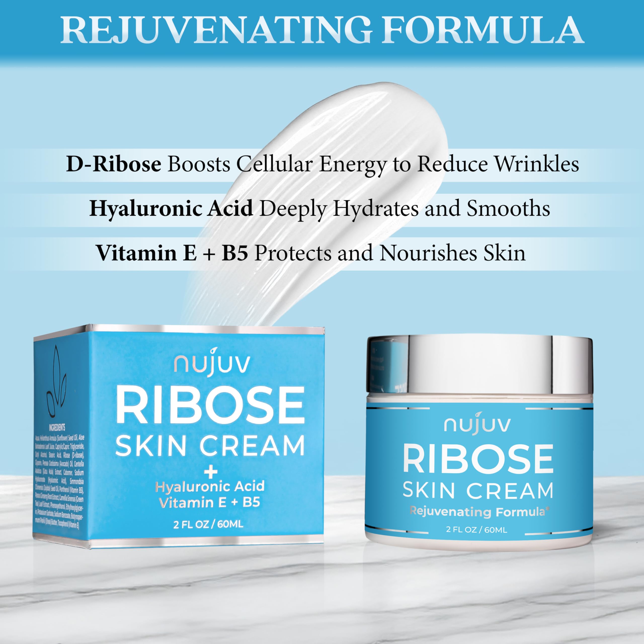 nujuv Ribose ingredients close-up with D-Ribose and hyaluronic acid for hydration