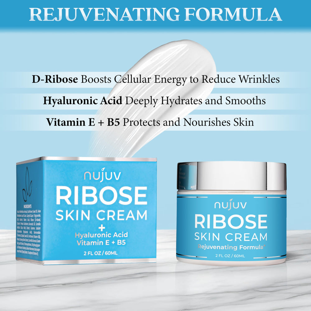 nujuv Ribose ingredients close-up with D-Ribose and hyaluronic acid for hydration