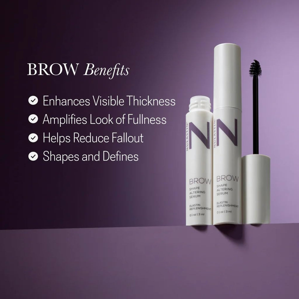 NULASTIN brow serum packaging features a clear tube for filling capacity visibility.
