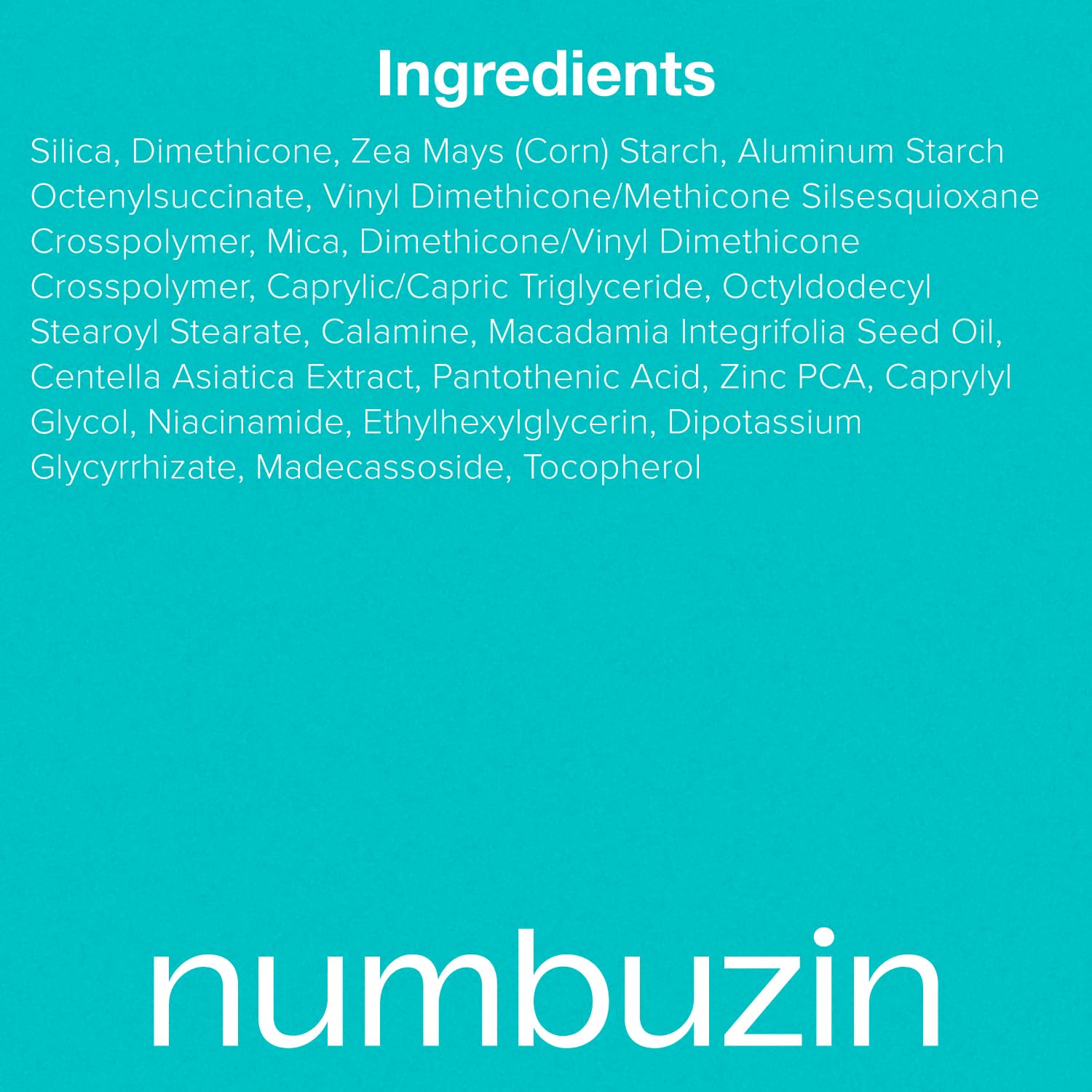 numbuzin No.1 Powder ingredients panel featuring silica and cica benefits