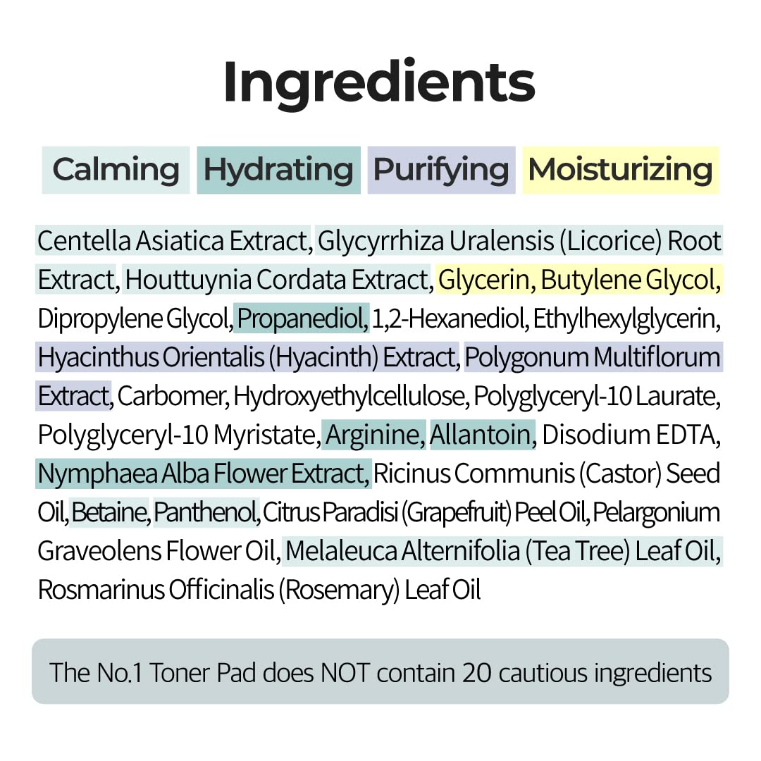 numbuzin No.1 Toner Pads packaging highlights soothing and hydrating benefits