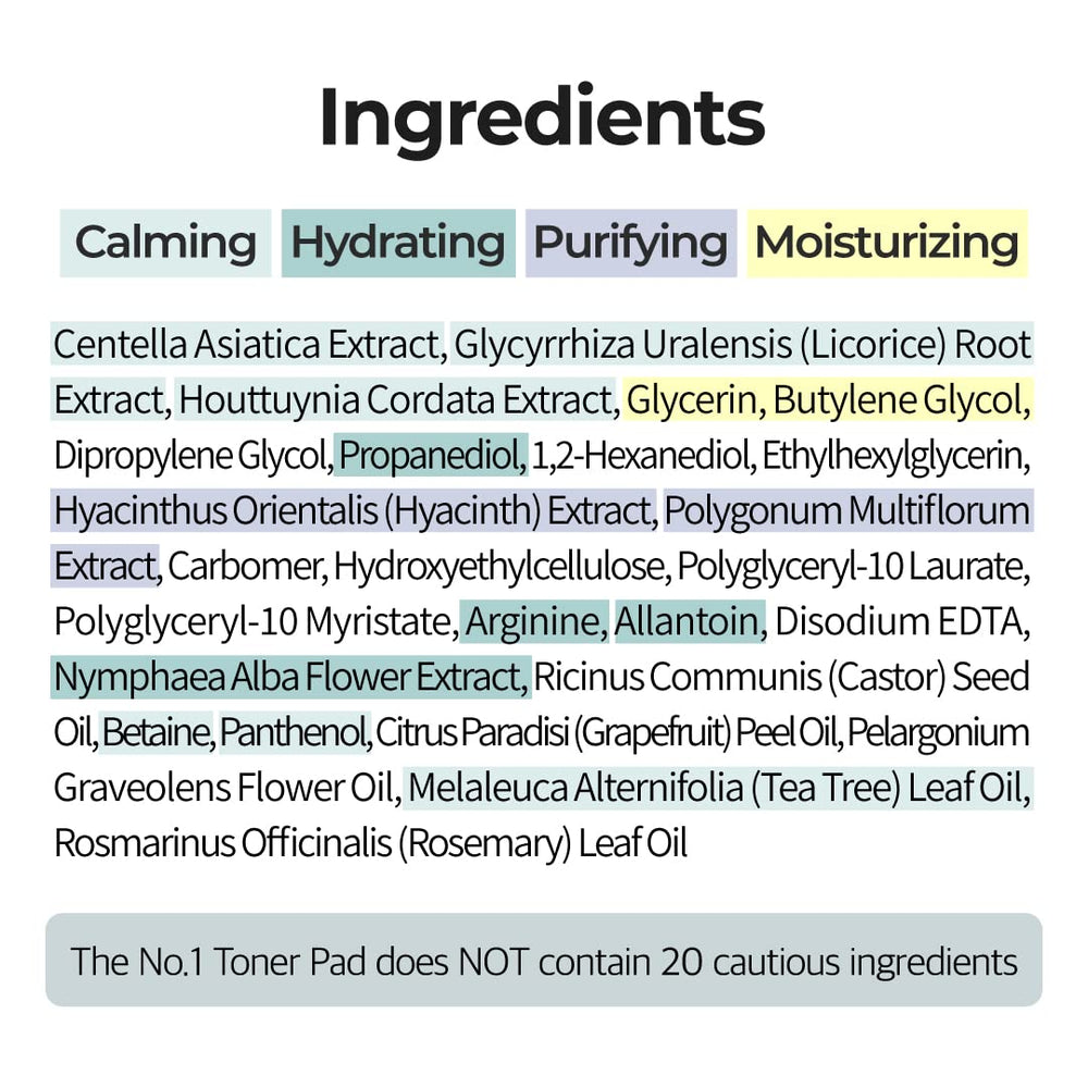 numbuzin No.1 Toner Pads packaging highlights soothing and hydrating benefits