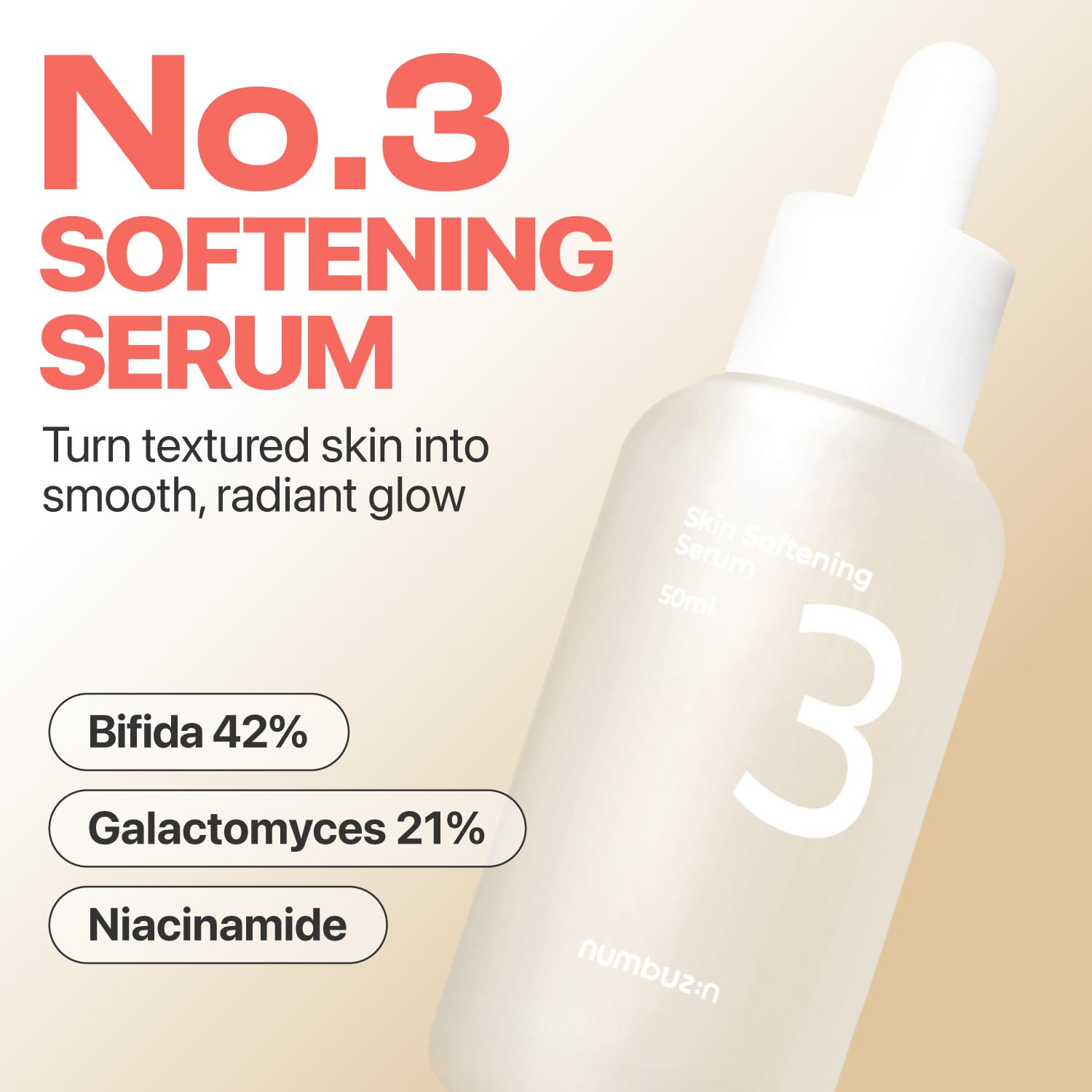 numbuzin No.3 Serum glass-skin-promise showcases a luminous, even surface.