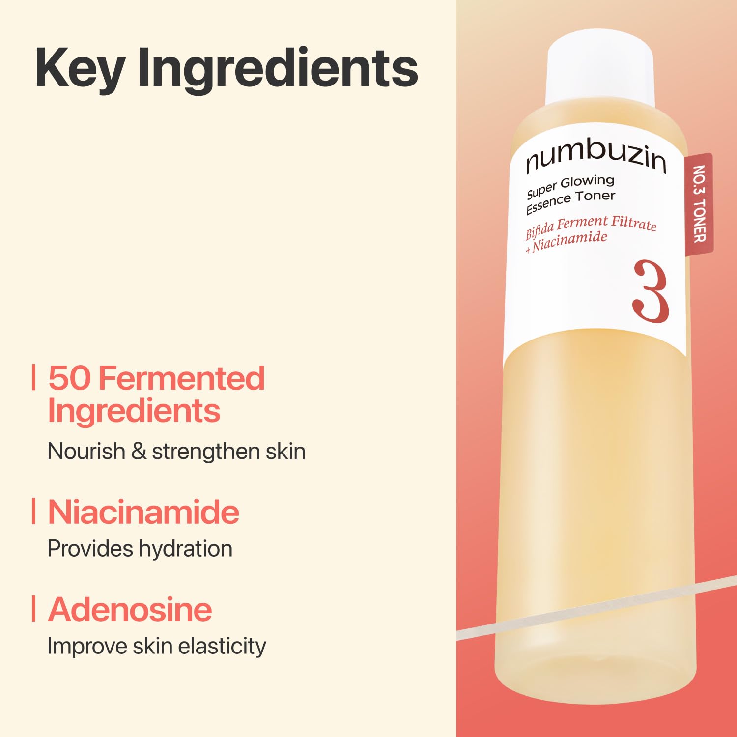 Numbuzin No.3 Toner label highlights niacinamide and galactomyces for smooth skin