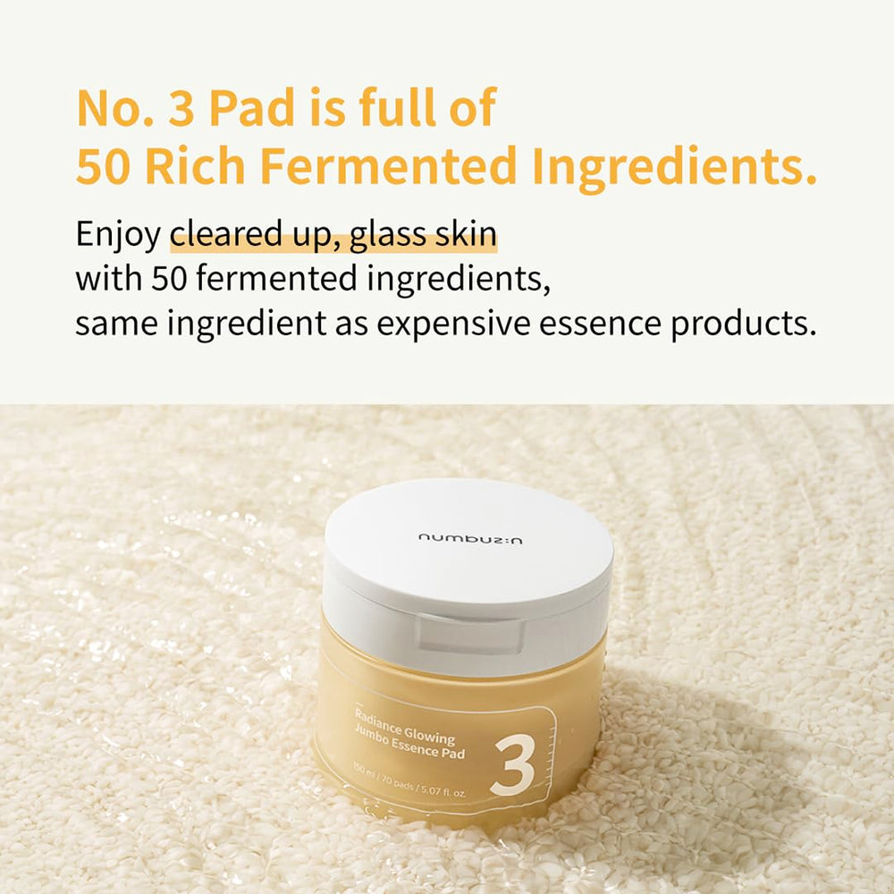Numbuzin No.3 skin application scene with a pad on the face for gentle use.