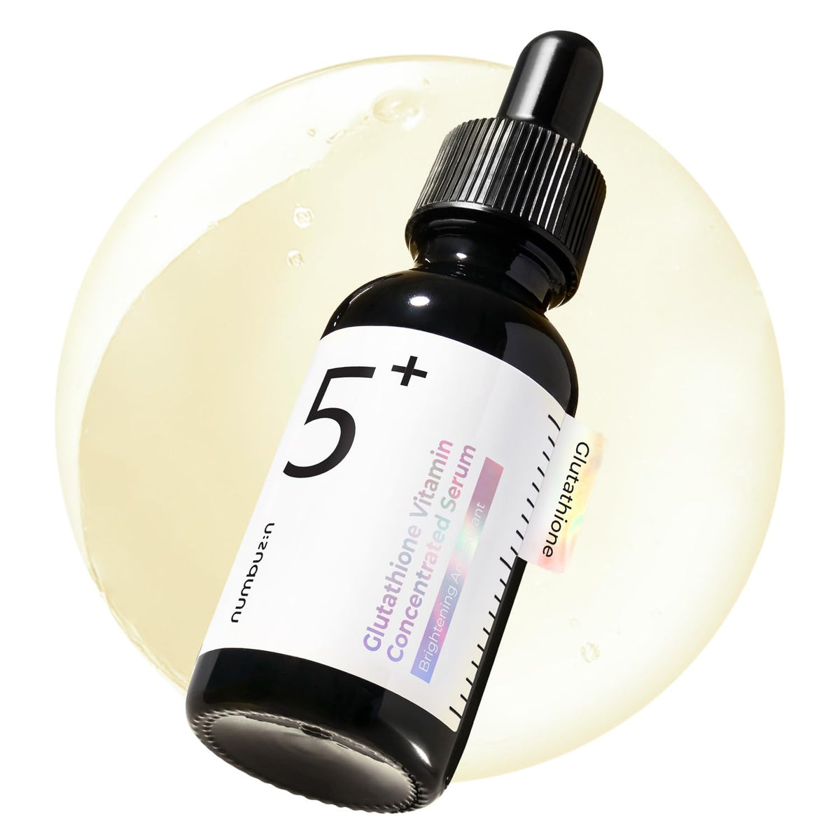 numbuzin No.5 serum bottle closeup highlights glow-boosting formula.